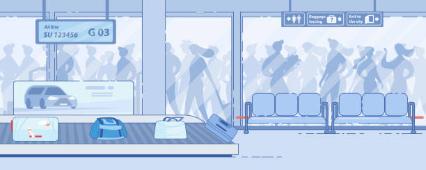 Modern Airport Terminal Arrival Services Vector Modern Airport Terminal Arrival Services Flat Vector Background with Baggage Bags Delivering to Passengers on Conveyor Belt, Rental Car Company Ad Banner, People Silhouettes Under Glass Illustration airplane silhouette commercial airplane shipping stock illustrations