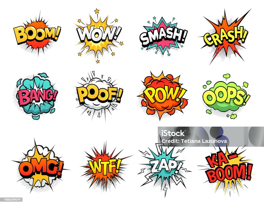 Cartoon Comic Sign Burst Clouds Speech Bubble Boom Sign Expression And Pop  Art Text Frames Vector Set Stock Illustration - Download Image Now - iStock