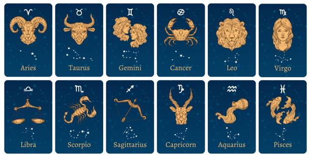 konstelacje i znaki zodiaku. karty horoskop z gwiazdami konstelacji, ozdobne symbole szkicu zodiaku zestaw ilustracji wektorowych - astrologia stock illustrations