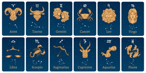 Zodiac constellations and signs. Horoscope cards with constellation stars, decorative zodiac sketch symbols vector illustration set Zodiac constellations and signs. Horoscope cards with constellation stars, decorative zodiac sketch symbols. Astronomy zodiac map, zodiacal star posters. Isolated vector illustration icons set aries stock illustrations