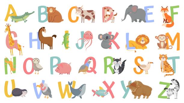 мультфильм животных алфавит для детей. узнайте буквы со смешным животным, зоопарк abc и английский алфавит для детей вектор иллюстрации - text animal owl icon set stock illustrations