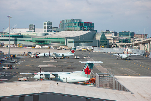 Toronto, Ontario, Canada, November 10, 2019 - Air Canada Express De Havilland Canada Dash 8-300 on the tarmac at Pearson International Airport in Toronto.