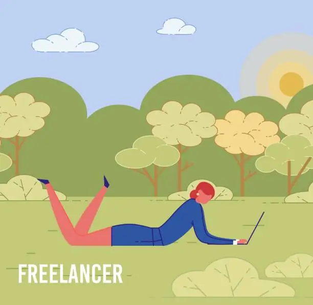 Vector illustration of Business Woman Freeelancer in Park Works Remotely.