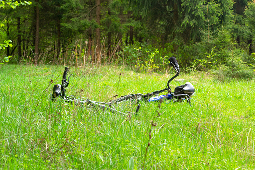 Bike ride in the park. Two bicycles lie in the grass.