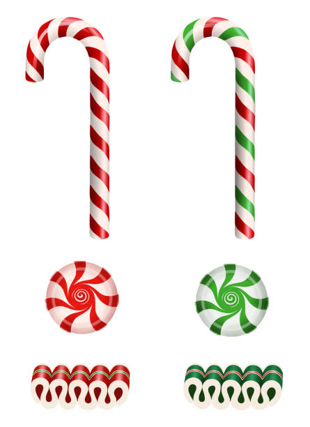 set isolated christmas candies with candy canes, ribbon candies and starlight peppermint candies set isolated christmas candies with candy canes, ribbon candies and starlight peppermint candies vector peppermints stock illustrations