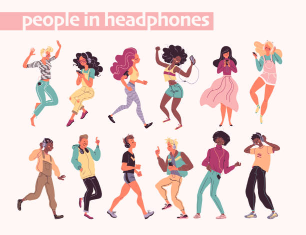 junge stilvolle menschen, die musik in kopfhörern und kopfhörern hören, sind isoliert. multiethnische gruppe. - headphones women music dancing stock-grafiken, -clipart, -cartoons und -symbole