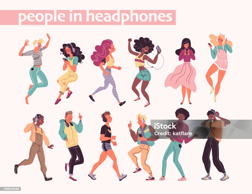 Young stylish people listening to music in headphones and earphones isolated. Multiethnic group. - Royalty-free Dançar arte vetorial