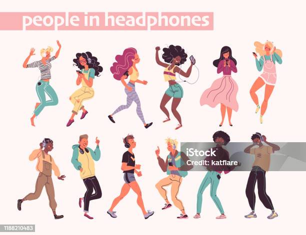 Young Stylish People Listening To Music In Headphones And Earphones Isolated Multiethnic Group - Arte vetorial de stock e mais imagens de Dançar