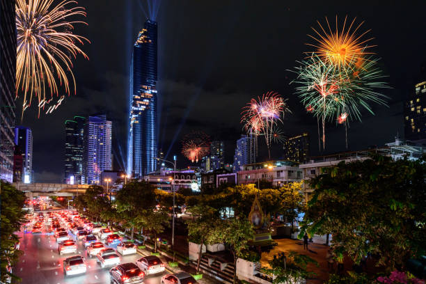high view of city with fireworks