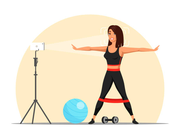 Fitness blog from young sport girl with dumbbells Fitness blog. Cartoon young sportive girl standing with dumbbells front of camera and creating video content. Woman doing workout broadcast in internet. Sport livestream. Vector flat illustration professional video camera stock illustrations