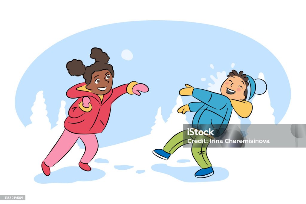 เด็กเล่นภาพประกอบการ์ตูนก้อนหิมะ เด็กๆกําลังสนุกกัน  เด็กชายและเด็กหญิงขว้างปาตัวละครเว ภาพประกอบสต็อก - ดาวน์โหลดรูปภาพตอนนี้ -  Istock