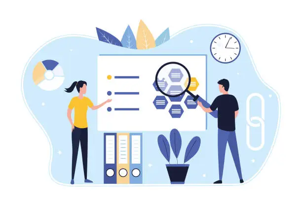 Vector illustration of Market research concept and digital managed marketing business development strategy. A woman and a man with a magnifying glass analyze sales data. Flat vector illustration.