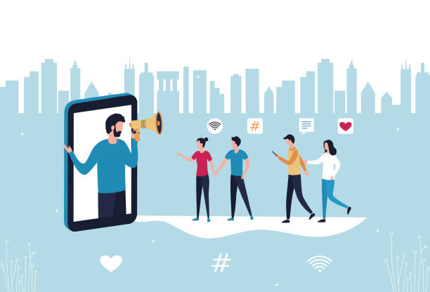 ilustrações de stock, clip art, desenhos animados e ícones de concept blogger influencer marketing referral. a man with a hand-held megaphone from a smartphone attracts subscribers, buyers to promote new services and goods. flat vector stock illustration. - chumbo
