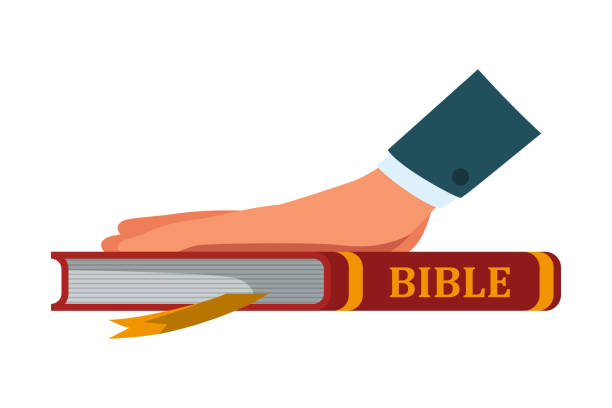 Hand on bible book for oath isolated on white Cartoon human hand on bible book for oath isolated on white backdrop. judicial symbol. Law and rights protection. Procedure in court and justice. Truth and promise before god. Vector flat illustration clip art of a loyalist stock illustrations