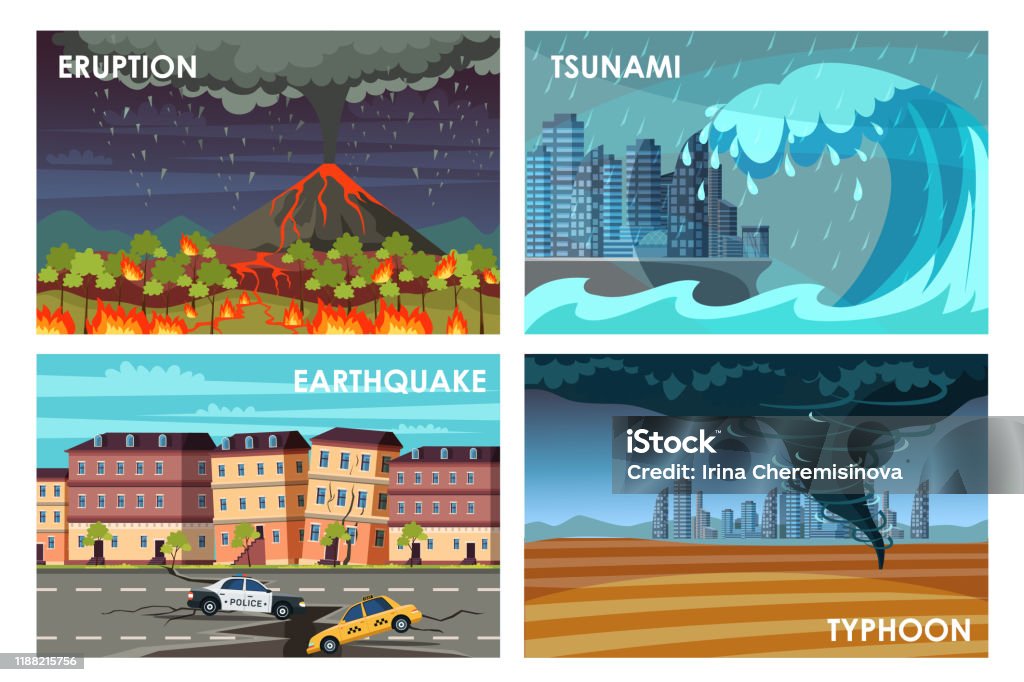Disasters Visual Natural Disasters Flat Vector Illustrations Set Stock Illustration ...
