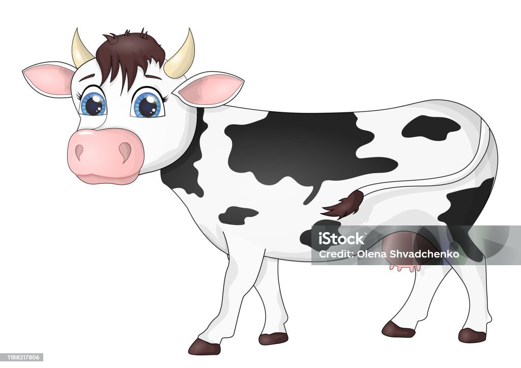 Beautiful Cute Cow Isolated On White In Cartoon Style Stock Illustration -  Download Image Now - iStock