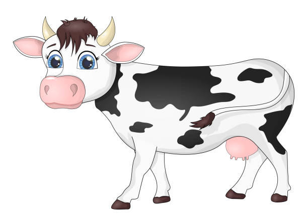 Beautiful cute cow isolated on white in cartoon style Cute cow isolated on white. Beautiful character of animal, cattle for design in cartoon style. Vector illustration cow clipart stock illustrations
