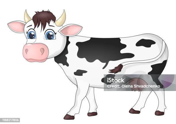 Beautiful Cute Cow Isolated On White In Cartoon Style Stock Illustration -  Download Image Now - iStock