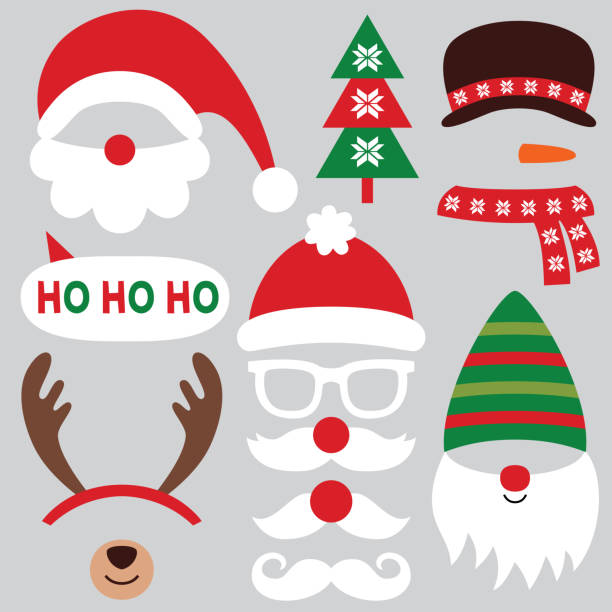 rekwizyty świąteczne, zestaw wektorowy (kapelusze i wąsy, rogi jelenia, gnoma i bałwana) - santa claus christmas glasses mustache stock illustrations