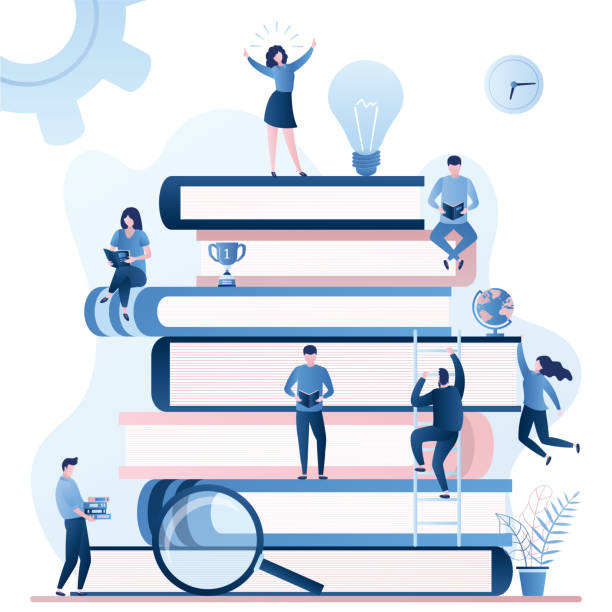 Education or learning concept. Business Skills Improvement and career growth. Vector design Various business people sitting and standing on pile of books.Business characters reading books or textbooks.Education or learning concept. Business Skills Improvement and career growth. Vector design erudite stock illustrations