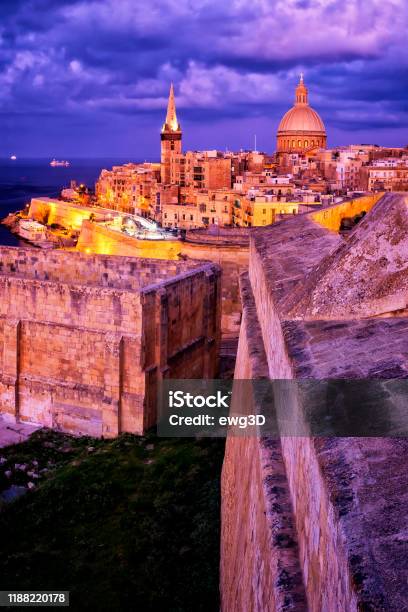 Night View Of Valletta Old Town With Cathedral Of Saint Paul And Marsamxett Harbour Malta Stock Photo - Download Image Now