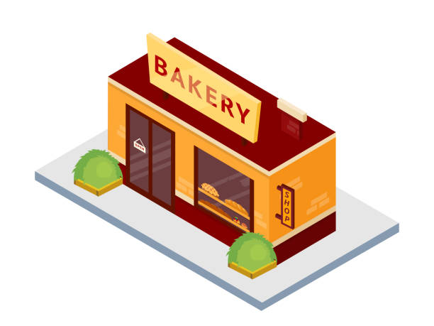 istock Bakery flat vector illustration. Pasrty shop isolated on white background. Bakeshop facade exterior. Isometric bakehouse with showcase. Bread, croissants, buns. Baking food store building. 1188220205