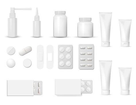 3d blank pharmaceutical packs: blister of pill and capsules, tube, container for tablet, bottle for drugs isolated on white background. Vector illustration. Eps 10.