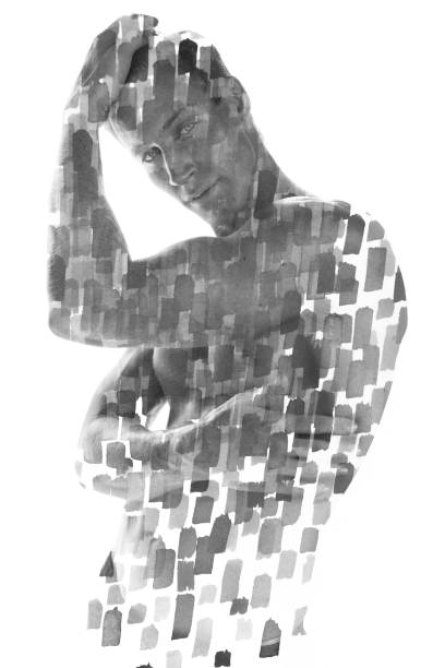 paintography. double exposure of a young shirtless male model blended with hand drawn paintings on white background - shirtless men bizarre male imagens e fotografias de stock