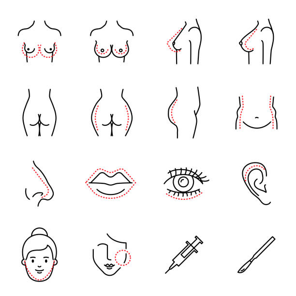 illustrazioni stock, clip art, cartoni animati e icone di tendenza di le icone vettoriali della chirurgia plastica impostano lo stile della linea - nose job illustrations
