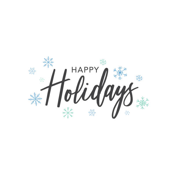 ilustraciones, imágenes clip art, dibujos animados e iconos de stock de feliz vacaciones caligrafía texto vectorial con copos de nieve azul dibujados a mano sobre fondo blanco - happy holidays