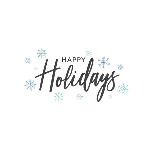 illustrations, cliparts, dessins animés et icônes de happy holidays calligraphy vector text with hand drawn blue snowflakes over white background - taper à la machine