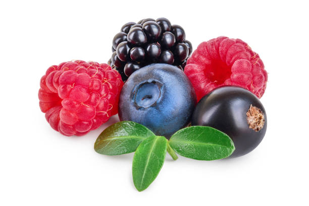 istock mix of blackberry blueberry raspberry black currant with leaf isolated on white background. 1188227738
