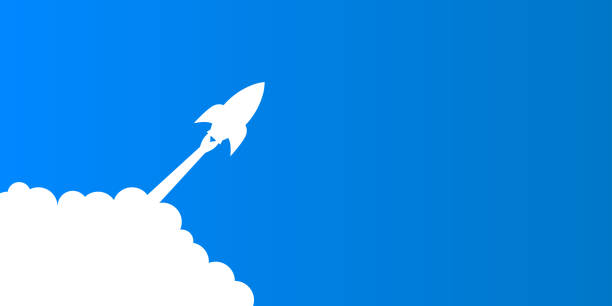 rakieta latać na niebie. uruchamianie projektu z przestrzenią tekstową. start statku kosmicznego, podróż kosmiczna – wektor czasowy - takeoff stock illustrations