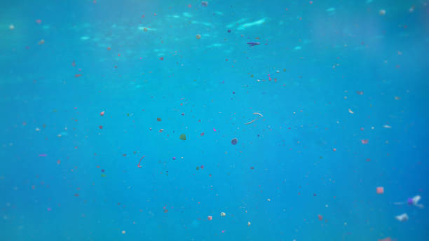 nurdle pieces and micro plastic particles in ocean water garbage swimming in sea water, contamination problem microplastic photos stock pictures, royalty-free photos & images