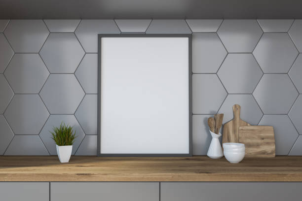 istock Mock up poster on table in gray kitchen 1188234404