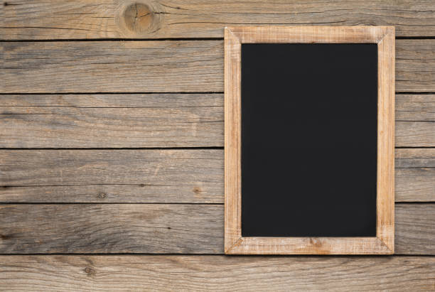 Small vintage blank chalkboard on an old wooden background
