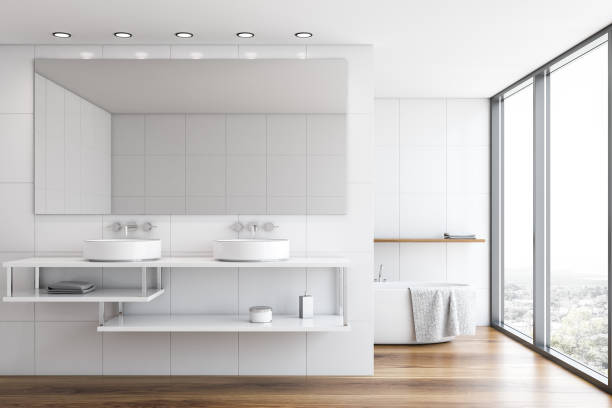 istock White tile bathroom interior with tub and sink 1188236381