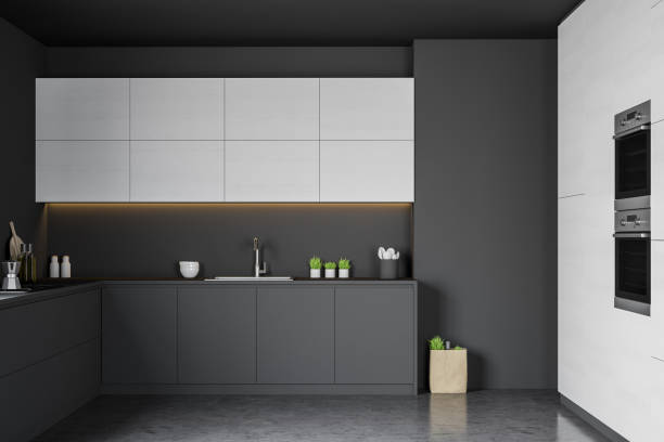 istock Stylish kitchen with gray countertops 1188236837
