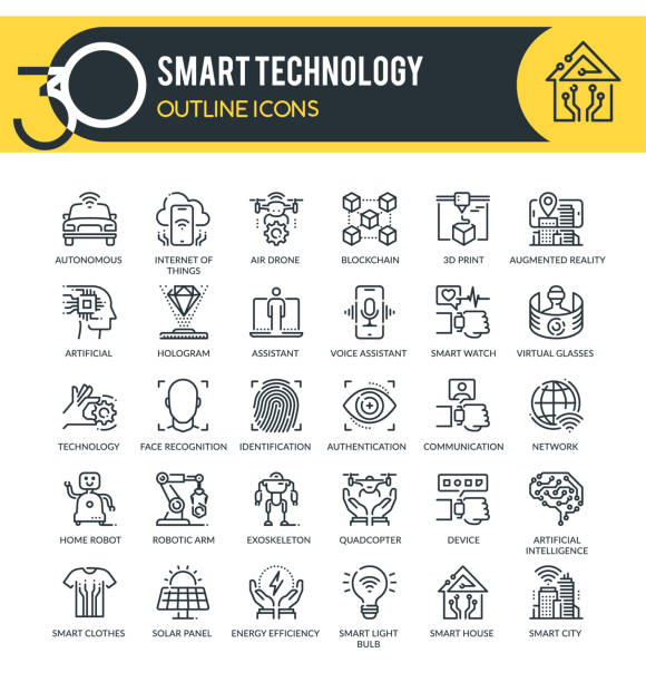 Technology outline icons Set of outline icons on following themes - smart technology, computer technology and other modern technologies. Each icon neatly designed on pixel perfect 32X32 size grid. Perfect for use in: website, presentation, promotional materials, illustrations, infographics and much more. autonomous vehicle stock illustrations