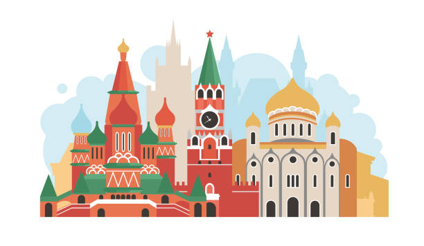 Russia, the city of Moscow. The architecture of the city. Spasskaya Tower, Cathedral of Christ the Savior, St. Basil's Cathedral, Bolshoi Theater, Moscow State University. Historic architecture. Vector illustration. Russia, the city of Moscow. The architecture of the city. Spasskaya Tower, Cathedral of Christ the Savior, St. Basil's Cathedral, Bolshoi Theater, Moscow State University. Historic architecture. Vector illustration. moscow city stock illustrations