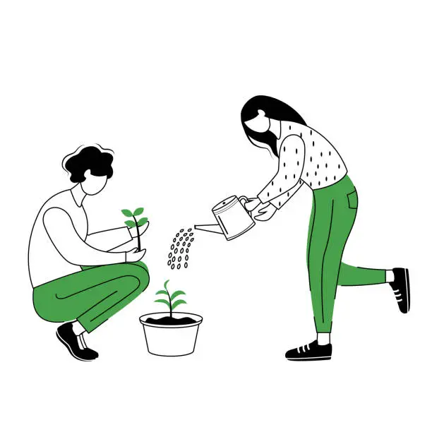 Vector illustration of People growing plants flat contour vector illustration. Gardeners isolated cartoon outline character on white background. Couple seeding and watering houseplants simple drawing. Gardening concept