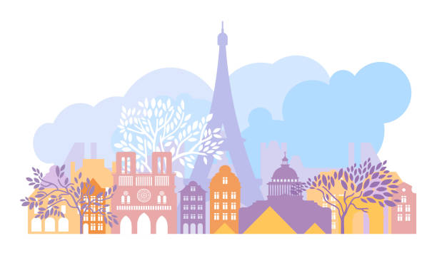 frankreich, die stadt paris. die architektur der stadt. eiffelturm, kathedrale notre dame de paris, louvre, triumphbogen, pantheon. vektor-illustration. - pantheon paris paris france france europe stock-grafiken, -clipart, -cartoons und -symbole