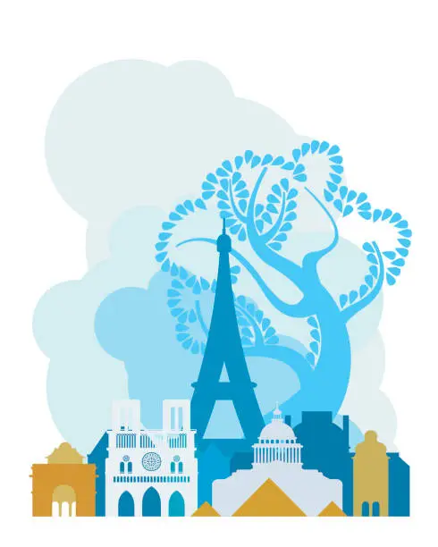 Vector illustration of France, the city of Paris. The architecture of the city. Eiffel Tower, Notre Dame de Paris cathedral, Louvre, triumphal arch, pantheon. Vector illustration.