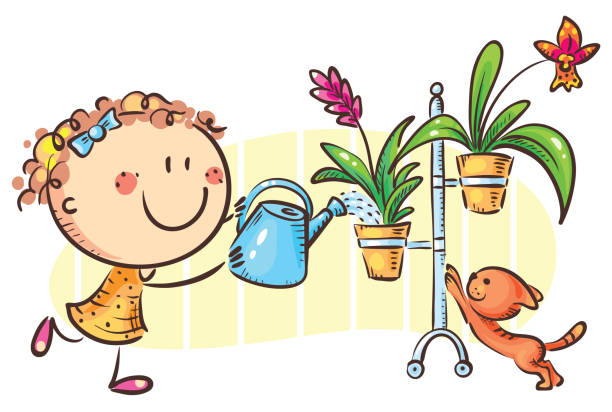 Happy girl watering indoor plants, cartoon clipart vector art illustration