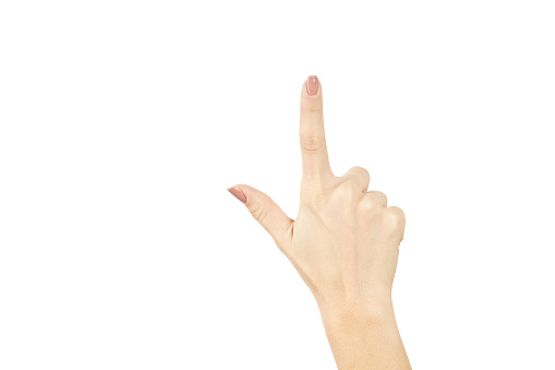 a female person showing two fingers isolated on a white background. number two or second gesture. social media share it symbol. copy space.  math symbol more.