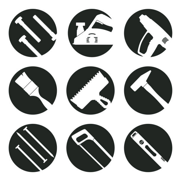 Work Tools. 9 monochrome vector icons set for site. Work Tools. Black and white round icons with tool silhouettes: bolts, electric planer, hot air gun, paintbrush, glue spatula, hammer, nails, hacksaw, spirit level. white background level hand tool white stock illustrations