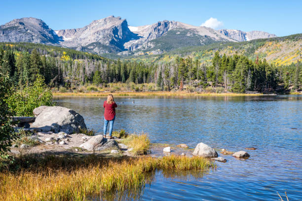 tourist standing along Sprague Lake in Rocky Mountain National Park in Autumn woman in red flannel standing on shore of Sprague Lake with views of rocky mountains in Colorado colorado rocky mountain national park lake mountain stock pictures, royalty-free photos & images