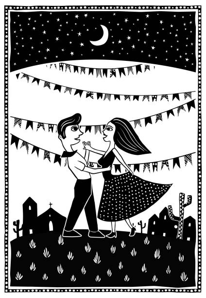 月明かりの中で踊る。かわいいカップルダンス。ビッグパーティーフェスタジュニナ伝統的なブラジルの木版画スタイルのベクターイラスト - woodcut点のイラスト素材／クリップアート素材／マンガ素材／アイコン素材