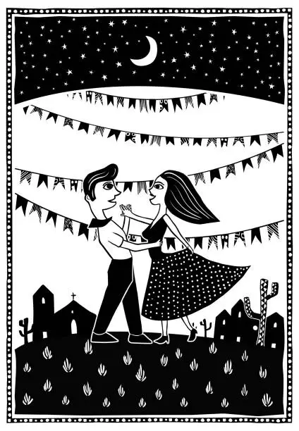 Vector illustration of Dancing in the moonlight. Cute couple dancing. Big party Festa junina traditional Brazilian woodcut style vector illustration