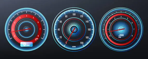 Vector illustration of Car speedometer, tachometer for dashboard. Analog device for measuring speed. Vector illustration